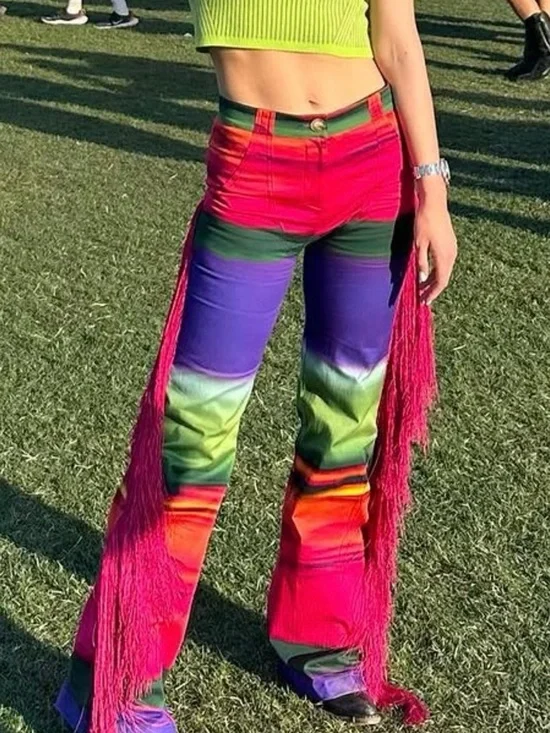 Colorblock Fringe Wide-Leg Pants in Purple, Green & Pink - Picture 2 of 6